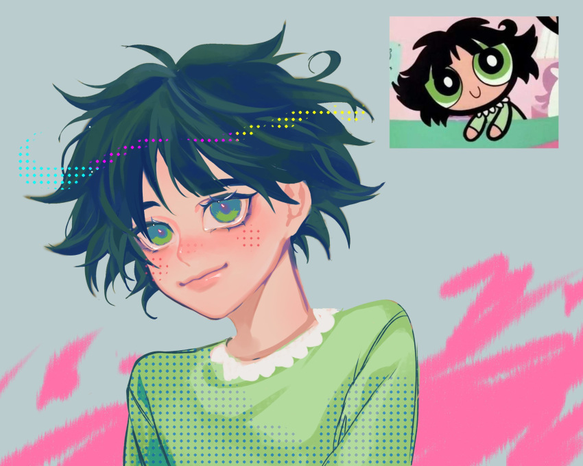 1girl abstract_background bangs black_hair blush buttercup_(ppg) buttercup_redraw_challenge cycrome derivative_work green_eyes green_pajamas grey_background halftone highres looking_at_viewer powerpuff_girls reference_inset screencap_redraw short_hair smile solo