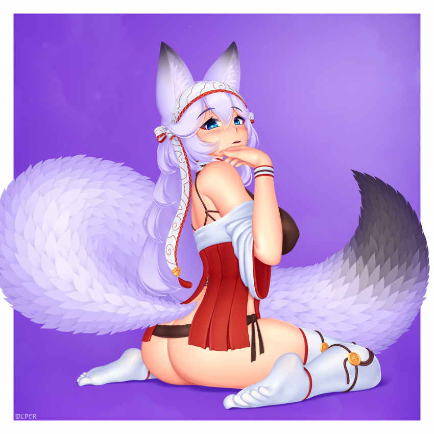 1girl absurdres animal_ear_fluff animal_ears artist_name ass bangs bare_shoulders blue_eyes blush borrowed_character breasts commentary eyebrows_visible_through_hair fox_ears fox_girl fox_tail hair_between_eyes hairband heart heart-shaped_pupils highres large_breasts large_tail light_purple_hair long_hair looking_at_viewer looking_back meyeri_(barbariank) off_shoulder original parted_lips purple_background simple_background sitting solo symbol-shaped_pupils tail thighhighs toes wariza white_legwear wide_sleeves wlper wristband
