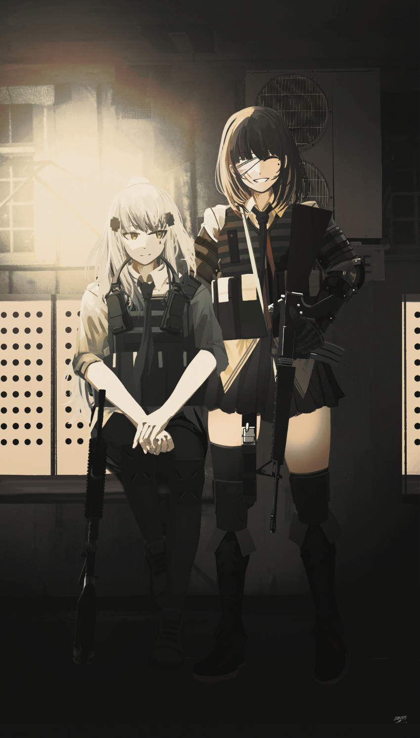 2girls absurdres armor assault_rifle bandage_over_one_eye bangs black_footwear black_necktie black_pants black_skirt boots brown_hair closed_eyes closed_mouth commentary_request eyebrows_visible_through_hair full_body girls'_frontline green_eyes gun h&amp;k_hk416 hair_between_eyes hair_ornament hairclip headphones headphones_around_neck highres hk416_(girls'_frontline) holding holding_gun holding_weapon kanoe_(kanoe502) knee_pads long_hair looking_at_viewer m16 m16a1 m16a1_(girls'_frontline) mechanical_arms mole mole_under_eye multiple_girls necktie open_mouth pants rifle scar scar_across_eye shirt shoes silver_hair single_mechanical_arm skirt smile standing teardrop_facial_mark teardrop_tattoo weapon white_shirt yellow_shirt