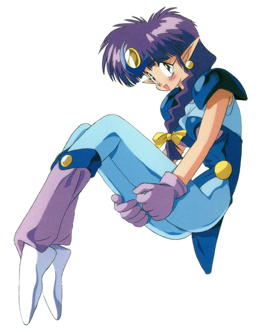 1990s_(style) 1girl arara_cocoa armor bangs blue_eyes blush braid braided_ponytail earrings eyebrows_visible_through_hair full_body gloves hair_over_shoulder highres jewelry long_hair low-tied_long_hair ng_knight_lamune_&amp;_40 official_art open_mouth pantyhose pauldrons pointy_ears purple_gloves purple_hair retro_artstyle scan shoulder_armor simple_background solo white_background white_footwear