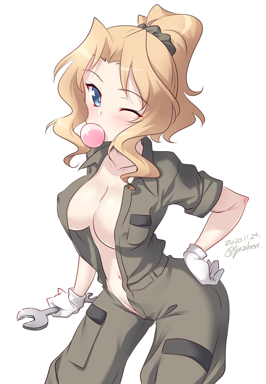 1girl alternate_hairstyle black_scrunchie blush breasts chewing_gum cleavage commentary covered_nipples girls_und_panzer gloves grey_jumpsuit hair_ornament hair_scrunchie hair_up hand_on_hip highres holding holding_wrench jumpsuit kay_(girls_und_panzer) kuzuryuu_kennosuke large_breasts looking_at_viewer navel no_bra one_eye_closed open_jumpsuit ponytail scrunchie short_sleeves simple_background sleeves_rolled_up solo standing white_background white_gloves wrench