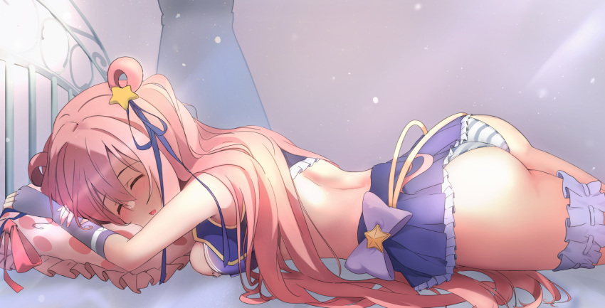1girl ass bangs bed blush breasts closed_eyes commentary eyebrows_visible_through_hair hair_between_eyes hair_ornament hair_rings hatsune_(princess_connect!) highres long_hair lying on_bed on_stomach open_mouth panties pillow pink_hair princess_connect! revision sideboob skirt solo star_(symbol) star_hair_ornament sweetalpha thigh_scrunchie two_side_up underwear