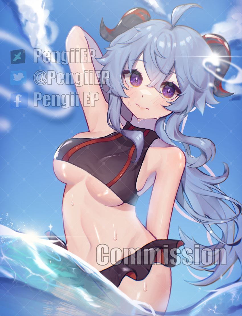1girl absurdres ahoge arm_up armpits bangs bare_shoulders black_swimsuit blue_hair blue_sky blush breasts breasts_day clear_sky commission curled_horns embarrassed english_commentary eyelashes facebook_logo facebook_username ganyu_(genshin_impact) genshin_impact goat_horns highres horns large_breasts light_smile lips long_hair navel ocean pengiiep purple_eyes shiny shiny_hair shiny_skin sidelocks sky solo stomach swimsuit thighs twitter_logo twitter_username underboob water water_drop wet wet_clothes