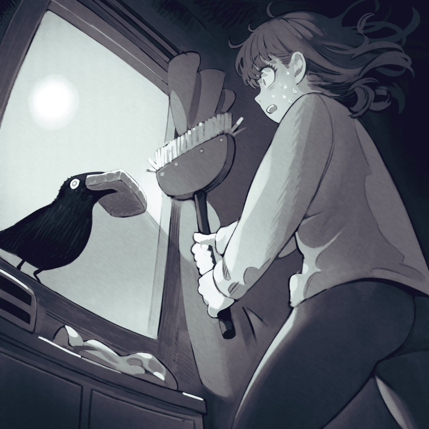 1girl bird black_bird black_pants broom cowboy_shot curtains grey_shirt greyscale highres holding holding_broom indoors jun_(seojh1029) monochrome open_window original pants profile shirt solo standing sweatdrop window