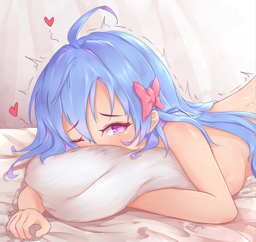 1girl absurdres ahoge azur_lane blue_hair bow breast_press breasts cum_on_back english_commentary face_in_pillow hair_bow hair_intakes heart heart-shaped_pupils helena_(azur_lane) highres implied_sex kyl490 medium_breasts medium_hair nude one_eye_closed pillow pink_bow purple_eyes solo symbol-shaped_pupils tearing_up top-down_bottom-up trembling
