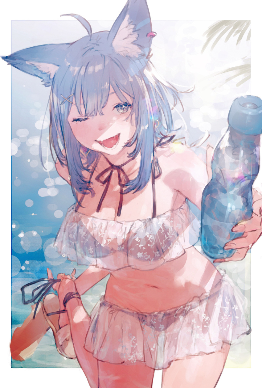 1girl ;d ahoge animal_ears animare bangs beach bikini blue_eyes blue_hair bottle cat_ears commentary day ear_piercing foot_out_of_frame frilled_bikini frills hair_ornament highres holding holding_bottle junwool leg_lift medium_hair navel one_eye_closed open_mouth outstretched_arm palm_leaf piercing ramune sandals see-through smile solo souya_ichika standing standing_on_one_leg summer swimsuit virtual_youtuber water x_hair_ornament