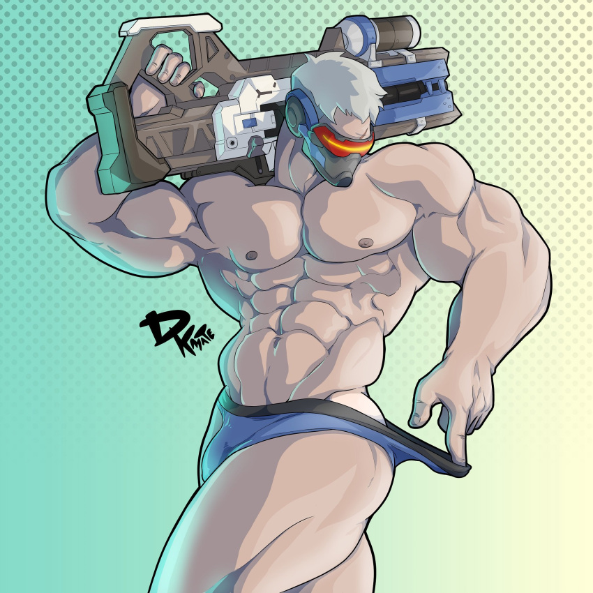 1boy abs artist_name ass bara blue_male_underwear briefs bulge covered_face dkmate gun highres holding holding_gun holding_weapon large_pectorals male_focus male_underwear male_underwear_pull mask muscular muscular_male navel over_shoulder overwatch pectorals pulled_by_self short_hair soldier:_76_(overwatch) solo thick_thighs thighs underwear weapon weapon_over_shoulder white_hair