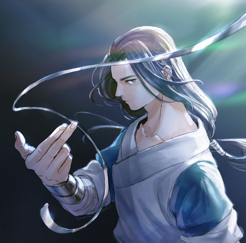 1boy black_hair blue_eyes chinese_clothes hand_up highres lens_flare long_hair looking_at_viewer low-tied_long_hair male_focus micho profile short_sleeves solo the_legend_of_luo_xiaohei upper_body wuxian_(the_legend_of_luoxiaohei)