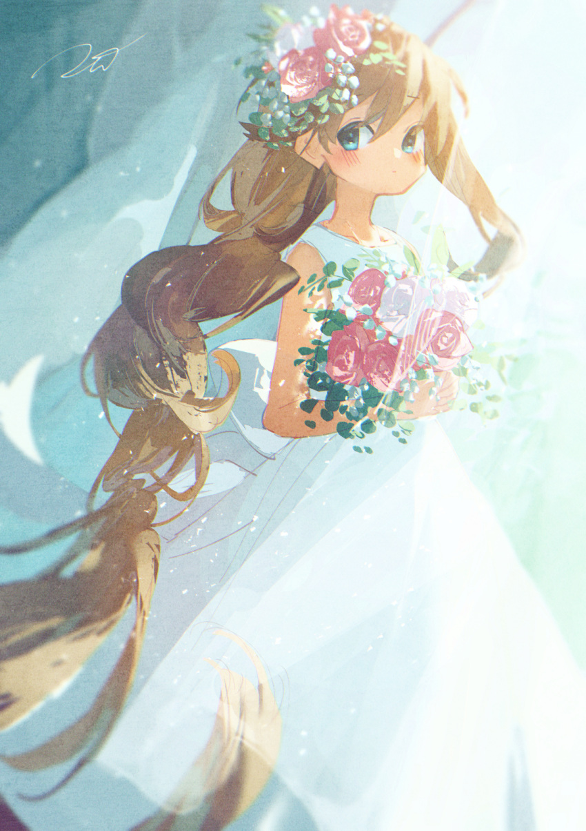 1girl blue_eyes blush bouquet braid brown_hair closed_mouth commentary_request day dress eyebrows_visible_through_hair flower hair_flower hair_ornament highres holding holding_bouquet light_particles long_hair looking_at_viewer original pink_flower potg_(piotegu) signature single_braid sleeveless sleeveless_dress solo very_long_hair white_dress