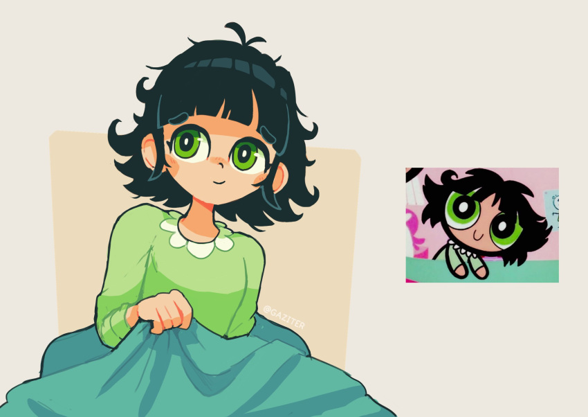 1girl antenna_hair bangs beige_background black_hair blanket blunt_bangs blush buttercup_(ppg) buttercup_redraw_challenge closed_mouth derivative_work eyebrows_visible_through_hair gaziter green_eyes grey_background highres holding holding_blanket messy_hair powerpuff_girls reference_inset screencap_redraw short_hair simple_background smile solo twitter_username