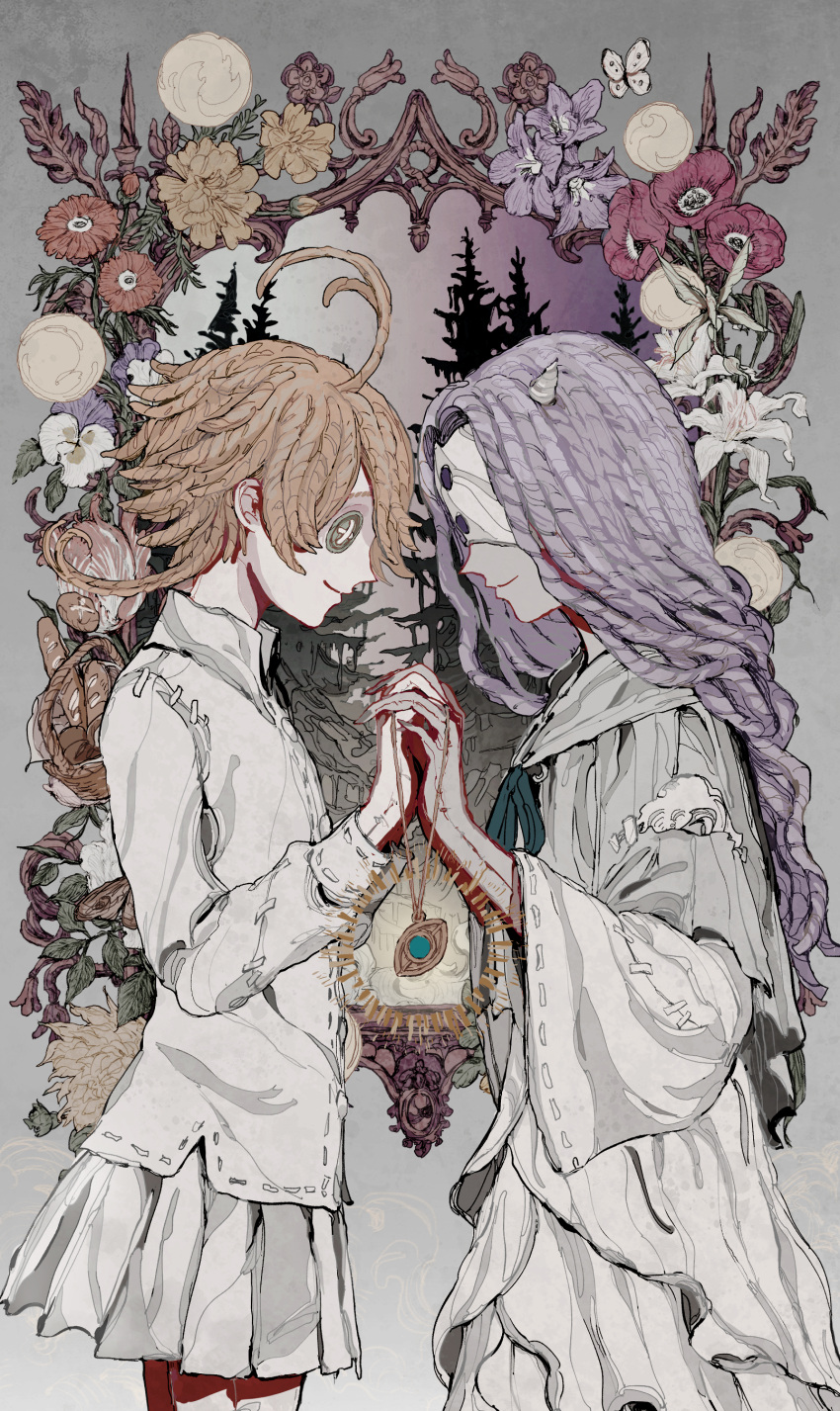 2girls absurdres ahoge basket bread button_eyes commentary_request dress emma_(yakusoku_no_neverland) emphasis_lines flower flower_request food gradient_sky green_eyes grey_background grey_sky highres holding holding_jewelry holding_necklace horns identity_v jewelry layered_dress long_hair long_sleeves looking_at_another mask mirror multiple_girls musica_(yakusoku_no_neverland) necklace orange_hair pine_tree profile purple_flower purple_hair purple_sky red_flower reflection shirt shisu_tk short_hair simple_background skirt sky smile tree upper_body white_dress white_flower white_shirt white_skirt yakusoku_no_neverland yellow_flower