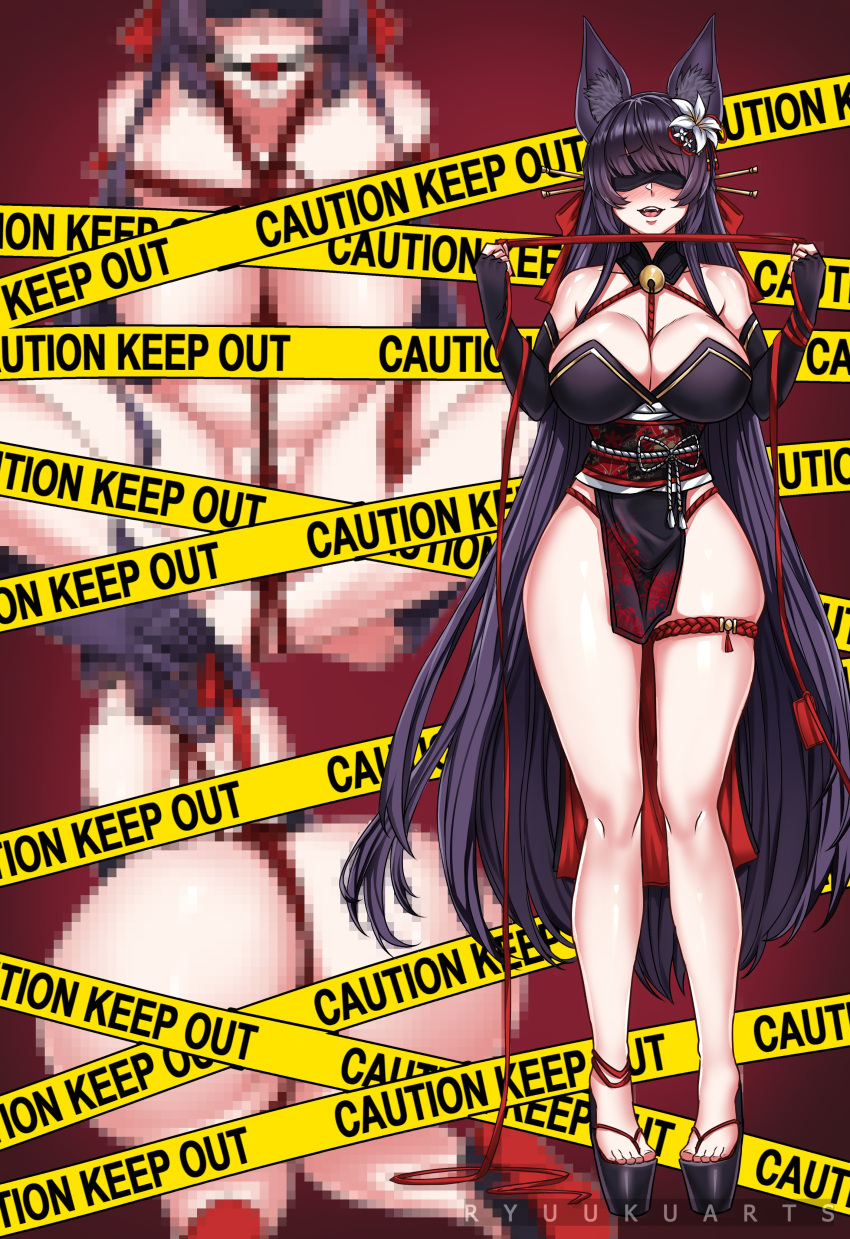 1girl absurdres all_fours animal_ear_fluff animal_ears artist_name ass ball_gag bangs bare_shoulders bell between_breasts black_blindfold black_gloves black_hair blindfold blush breasts caution_tape censored cleavage collarbone commentary counter_side elbow_gloves english_commentary eyebrows_visible_through_hair facing_viewer fangs fingerless_gloves floral_print flower gag gagged gloves hair_flower hair_ornament highres holding holding_ribbon jingle_bell large_breasts long_hair mosaic_censoring no_panties obi open_mouth pelvic_curtain red_ribbon red_rope ribbon rope ryuukuarts sash serapel_(counter_side) shibari shibari_under_clothes sitting standing teeth thigh_strap toenails white_rope