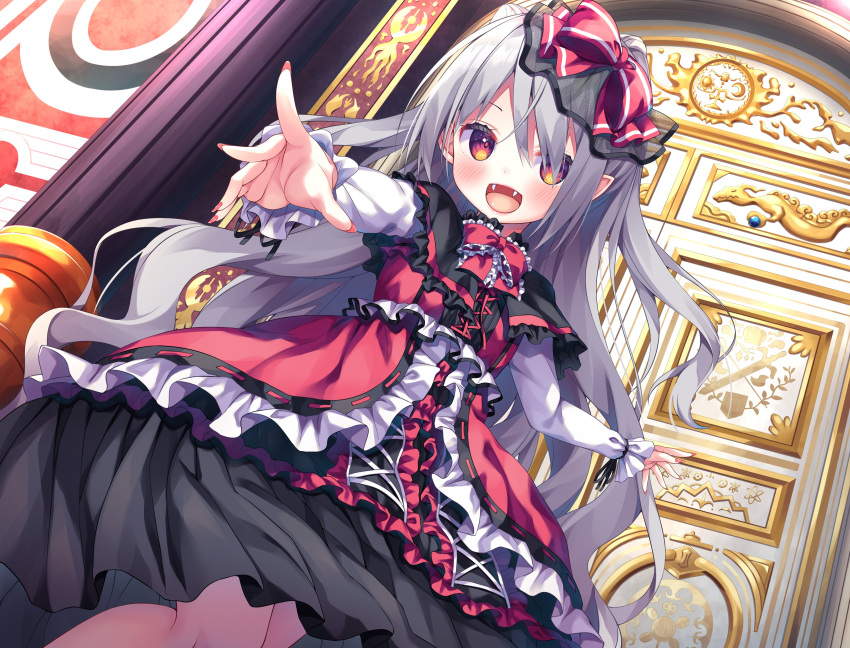 1girl :d absurdres asa_no_ha_(awayuki) bangs blush bow brown_eyes commentary_request dress dutch_angle eyebrows_behind_hair fangs fingernails from_below hair_bow healing_of_king highres indoors long_dress long_fingernails long_hair long_sleeves looking_at_viewer official_art open_mouth red_bow red_nails silver_hair smile solo standing two_side_up very_long_hair wavy_hair