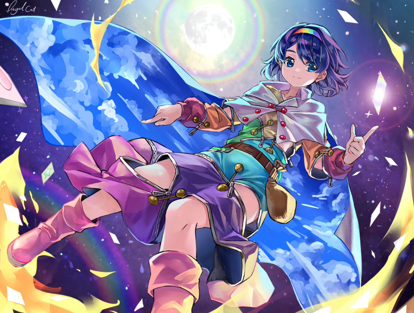 1girl bag bangs belt blue_eyes boots cape card closed_mouth collarbone commentary_request dress eyebrows_visible_through_hair feimao_(angelcat) flat_chest foot_out_of_frame from_below full_moon hair_between_eyes hairband highres light_blush light_smile looking_to_the_side moon multicolored_clothes multicolored_dress night night_sky pink_footwear pointing pointing_down pointing_up purple_hair rainbow rainbow_gradient short_hair signature silver_trim sky solo star_(sky) swept_bangs tenkyuu_chimata touhou unconnected_marketeers white_cape zipper