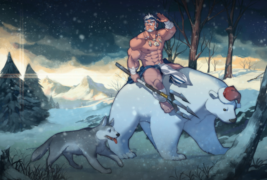 1boy abs bandaged_arm bandaged_leg bandages bandaid bandaid_on_nose bara bear dark-skinned_male dark_skin dog full_body headband holding holding_polearm holding_weapon jewelry large_pectorals male_focus mature_male muscular muscular_male navel navel_hair necklace nipples original pectorals pelvic_curtain polar_(rollingstonex6) polar_bear polearm revealing_clothes riding rollingstonex6 short_hair sitting snowing solo stomach thick_thighs thighs topless_male tree trident weapon white_hair wind