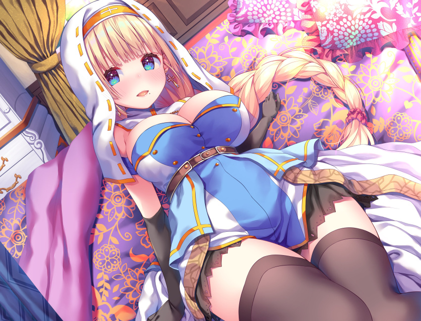 1girl :d absurdres asa_no_ha_(awayuki) bangs belt black_gloves black_legwear blonde_hair blunt_bangs blush braid breasts cleavage commentary_request cross cross_earrings dutch_angle earrings elbow_gloves gloves hair_ornament hair_scrunchie healing_of_king highres hood indoors jewelry large_breasts latin_cross long_hair looking_at_viewer mole mole_under_mouth nose_blush nun official_art on_bed open_mouth pillow scrunchie smile solo thighhighs thighs very_long_hair