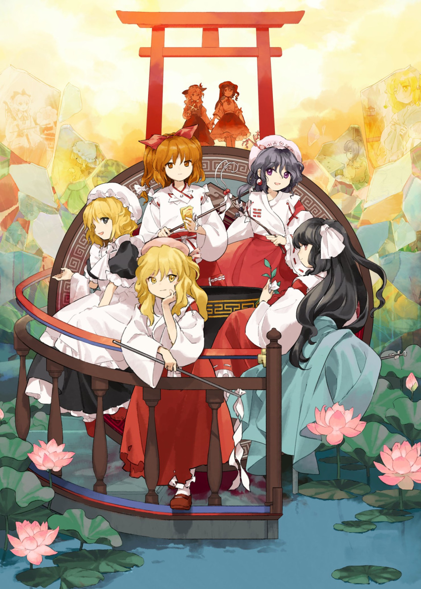 6+girls apron ascot bangs bare_shoulders black_dress black_eyes black_hair blonde_hair blonde_shrine_maiden_from_a_future_era_(touhou) bow brown_eyes brown_headwear brown_skirt brown_vest cabbie_hat character_request cross detached_sleeves dress erhu extra eyebrows_visible_through_hair flat_cap flower frilled_apron frilled_dress frilled_hat frills gohei hair_bow hand_on_own_face hat hat_feather highres holding holding_cross hourai_girl_(touhou) jacket_girl_(dipp) japanese_clothes kaigen_1025 label_girl_(dipp) lily_pad long_hair long_sleeves looking_at_viewer lotus maid maid_apron mandarin_collar medium_hair miko mob_cap multiple_girls neck_ribbon ofuda open_mouth orange_eyes orange_hair phonograph pocket portrait_of_exotic_girls puffy_short_sleeves puffy_sleeves purple_eyes red_bow red_footwear red_headwear red_neckwear red_skirt ribbon satsuki_rin short_hair short_sleeves side_ponytail sitting skirt smile standing torii touhou vest wavy_hair white_ascot white_headwear white_ribbon white_sleeves white_vest wide_sleeves yellow_eyes