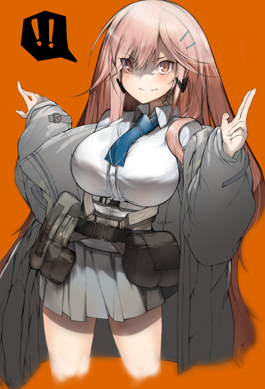 ! !! 1girl ammunition_belt belt blue_necktie blush breasts closed_mouth earrings ekuesu eyebrows_visible_through_hair feet_out_of_frame girls'_frontline grey_jacket grey_skirt heart heart_earrings highres jacket jewelry large_breasts long_hair looking_at_viewer mole mole_under_eye neck_tattoo necktie open_clothes open_jacket orange_background orange_eyes pink_hair salute shirt sig_mcx_(girls'_frontline) skirt smile solo standing tattoo two-finger_salute white_shirt