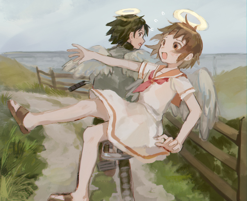 2girls angel_wings arm_up bad_id bad_tumblr_id bangs black_hair blue_sky blush brown_eyes brown_footwear brown_hair celry chromatic_aberration commentary d: dated_commentary day dirt_road dress falling feathered_wings fence floating_hair flying_sweatdrops from_behind full_body furrowed_brow grass ground_vehicle haibane_renmei halo hand_up high_collar highres hill kana_(haibane) leg_up looking_at_another looking_away looking_back motor_vehicle multiple_girls multiple_riders muted_color neckerchief ocean open_mouth outdoors outstretched_arm path profile rakka_(haibane) red_neckerchief red_sailor_collar road round_teeth rural sailor_collar sailor_dress sandals short_hair short_sleeves sidesaddle sitting sky sweat teeth upper_teeth water white_dress wings wooden_fence