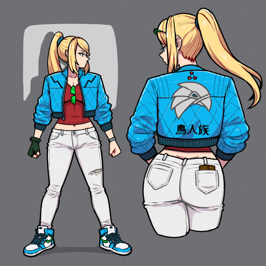 1girl akairiot alternate_costume ass blonde_hair blue_eyes blue_jacket breasts chozo cleavage commentary cropped_legs denim english_commentary eyewear_hang eyewear_on_head eyewear_removed facing_away facing_viewer fingerless_gloves full_body gloves hands_in_pockets highres jacket jeans long_hair looking_to_the_side metroid metroid_dread midriff multiple_views navel pants ponytail print_jacket profile red_shirt samus_aran shirt shoes sidelocks single_glove sneakers sunglasses torn_clothes torn_jeans torn_pants