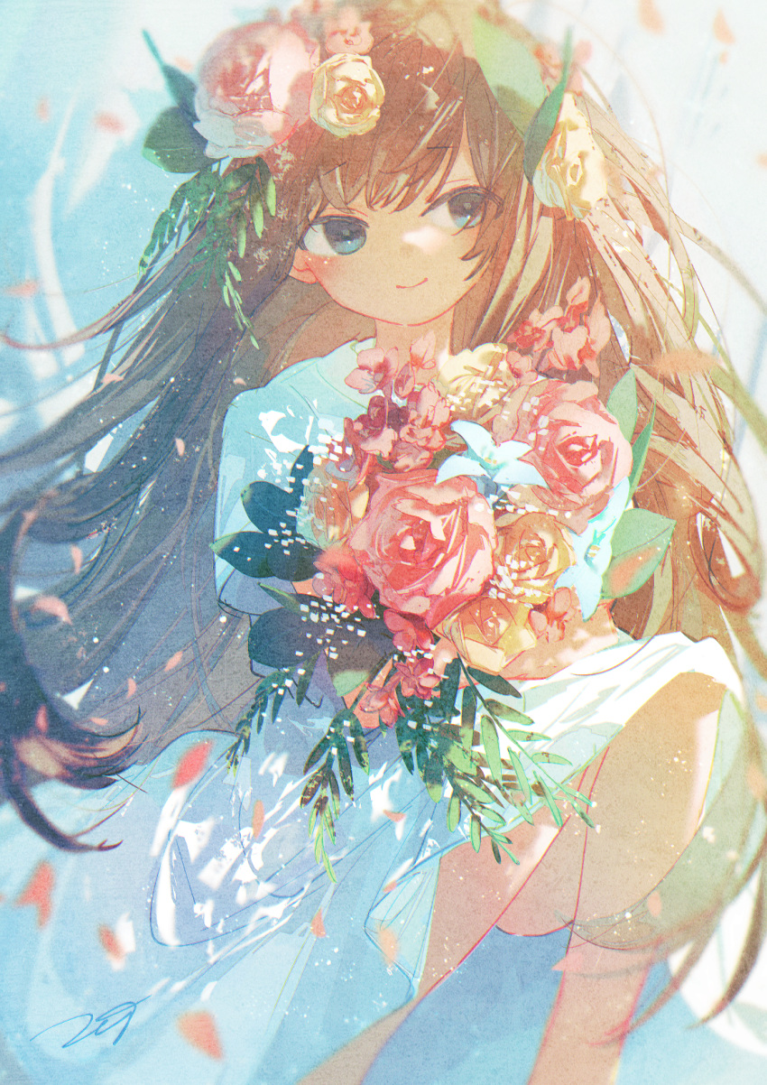 1girl blue_eyes bouquet brown_hair closed_mouth commentary_request dress eyebrows_visible_through_hair falling_petals feet_out_of_frame flower hair_flower hair_ornament highres holding holding_bouquet leaf long_hair looking_at_viewer original petals pink_flower potg_(piotegu) short_sleeves signature smile solo white_dress white_flower