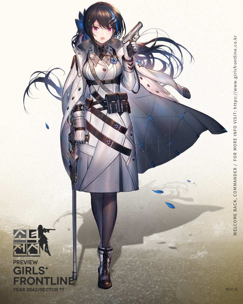 aiguillette badge bangs black_hair black_legwear black_neckwear blue_bow blue_hair blush boots bow breasts buttons character_name coat collared_shirt copyright_name cross-laced_footwear crossed_legs crutch dress eyebrows_visible_through_hair floating_hair full_body girls_frontline gloves grey_shirt gun hair_bow hair_ornament hairclip handgun heiwari_kanade hexagram highres holding holding_gun holding_weapon imi_jericho jacket jacket_on_shoulders jericho_(girls_frontline) lace-up_boots light_particles long_hair long_sleeves looking_at_viewer mole mole_under_eye multicolored_hair multiple_straps necktie official_art open_clothes open_coat open_mouth pantyhose petals pistol pouch purple_eyes shirt sidelocks snap-fit_buckle solo star star_of_david streaked_hair trigger_discipline very_long_hair watson_cross weapon white_coat white_dress white_gloves wind wind_lift