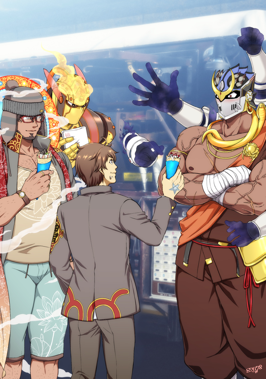 4boys aqua_shorts areolae bara bare_pectorals beard blue_shorts blush brown_pants bulge character_request chest_hair dark-skinned_male dark_skin extra_arms facial_hair fake_horns feet_out_of_frame fiery_hair gakuran glasses headwear_request helmet highres horned_helmet horns large_pectorals male_focus master_4_(housamo) mature_male multiple_boys muscular muscular_male pants pectoral_cleavage pectorals scar scar_on_chest scarf school_uniform shiva_(housamo) short_hair shorts sideburns standing tokyo_afterschool_summoners veins yanai_inaya yellow_scarf