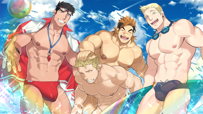 4boys abs ball bara bardo_(ero_condo) beach beachball black_hair black_male_swimwear blonde_hair brown_hair bulge clenched_teeth closed_eyes cloud completely_nude convenient_censoring day ear_piercing erection erection_under_clothes ero_condo facial_hair fish goggles goggles_around_neck goggles_on_head hand_on_another's_head headpat highres holding holding_innertube innertube jacket jacket_on_shoulders jacket_removed kienbiu large_pectorals looking_at_another looking_at_viewer male_focus male_swimwear multicolored_clothes multicolored_jacket multiple_boys muscular muscular_male navel nguyen_hoan_(ero_condo) nipples nude official_art one_eye_closed outdoors partially_submerged pectorals piercing punt_(kienbiu) red_jacket red_male_swimwear sharp_teeth short_hair sky smile spiked_hair splashing summer suplex_(ero_condo) swim_briefs teeth thick_thighs thighs two-tone_jacket undercut water whistle whistle_around_neck white_jacket wristband