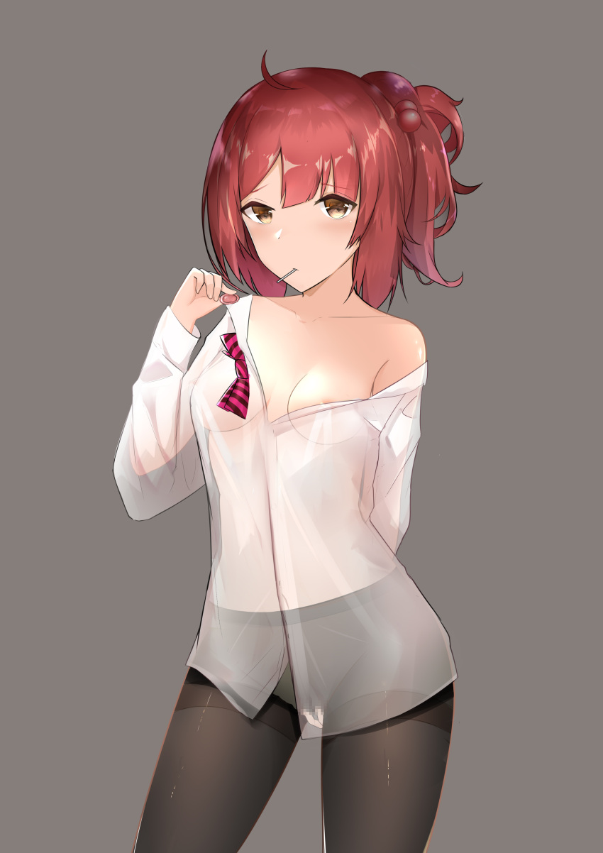 1girl absurdres ahoge chinese_commentary collared_shirt commentary_request condom condom_packet_strip condom_wrapper english_commentary girls'_frontline highres holding holding_condom light_brown_eyes looking_at_viewer mixed-language_commentary mp7_(girls'_frontline) pantyhose pleated_skirt red_hair see-through shirt side_ponytail simple_background skirt solo standing wyvern_s4
