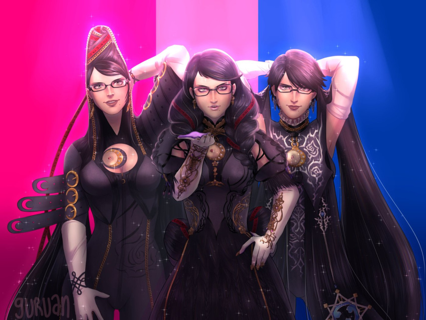 3girls alternate_hair_length alternate_hairstyle amulet ankle_gun bayonetta bayonetta_(series) bayonetta_1 bayonetta_2 bayonetta_3 beehive_hairdo black_hair blue_eyes bodysuit braid breasts clothing_cutout dual_persona earrings eyeshadow glasses gloves gun guruan_art jewelry lips lipstick long_hair looking_at_viewer makeup mole mole_under_mouth multicolored_hair multiple_girls quadruple_wielding red_hair ribbon short_hair simple_background smile streaked_hair twin_braids weapon