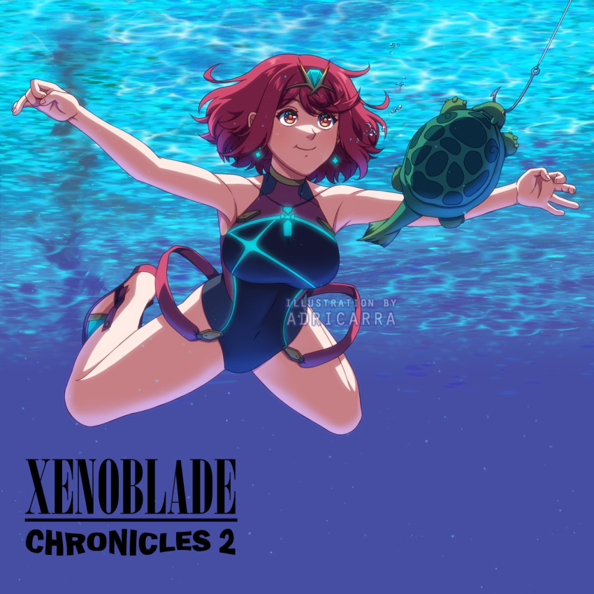 1girl adricarra bangs black_swimsuit breasts chest_jewel competition_swimsuit highres large_breasts nevermind nirvana_(band) one-piece_swimsuit parody pyra_(pro_swimmer)_(xenoblade) pyra_(xenoblade) red_eyes red_hair red_swimsuit short_hair swept_bangs swimsuit turters_(xenoblade) two-tone_swimsuit underwater xenoblade_chronicles_(series) xenoblade_chronicles_2