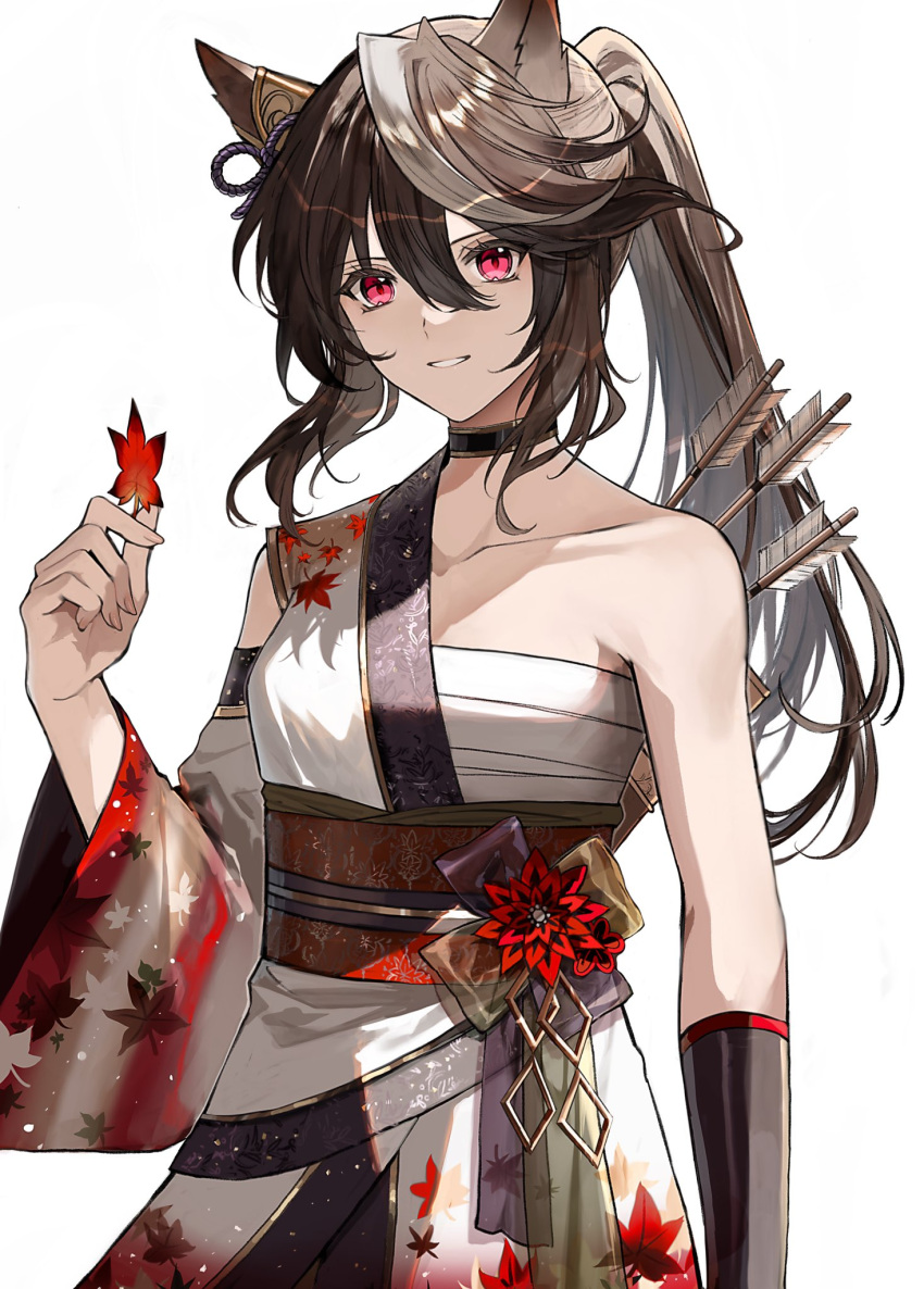 1girl animal_ears arrow_(projectile) bare_shoulders breasts brown_hair chest_sarashi choker collarbone commentary detached_sleeves elbow_gloves gloves hadanugi_dousa hand_up highres holding holding_leaf horse_ears japanese_clothes kimono kuga_huna leaf long_hair medium_breasts multicolored_hair official_alternate_costume ponytail quiver red_eyes sarashi simple_background solo streaked_hair symboli_rudolf_(umamusume) umamusume white_background white_hair wide_sleeves