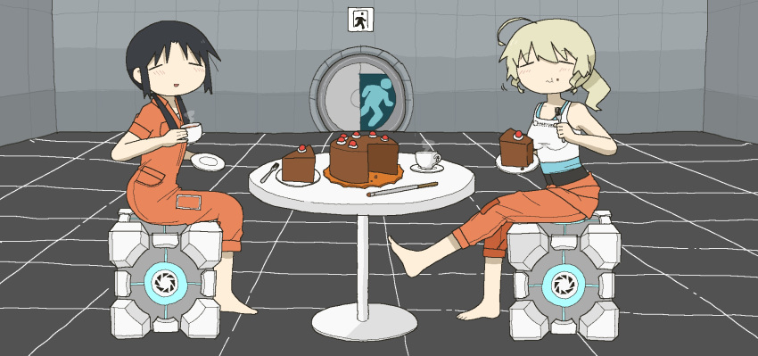 2girls black_forest_cake black_hair blonde_hair blush cake chell chell_(cosplay) chito_(shoujo_shuumatsu_ryokou) closed_eyes closed_mouth cosplay cup eating eyebrows_visible_through_hair facing_another food fork highres holding holding_cup holding_fork holding_plate long_hair low_twintails multiple_girls parted_lips plate portal_(series) shoujo_shuumatsu_ryokou sitting smile table teacup twintails yoyohachi yuuri_(shoujo_shuumatsu_ryokou)