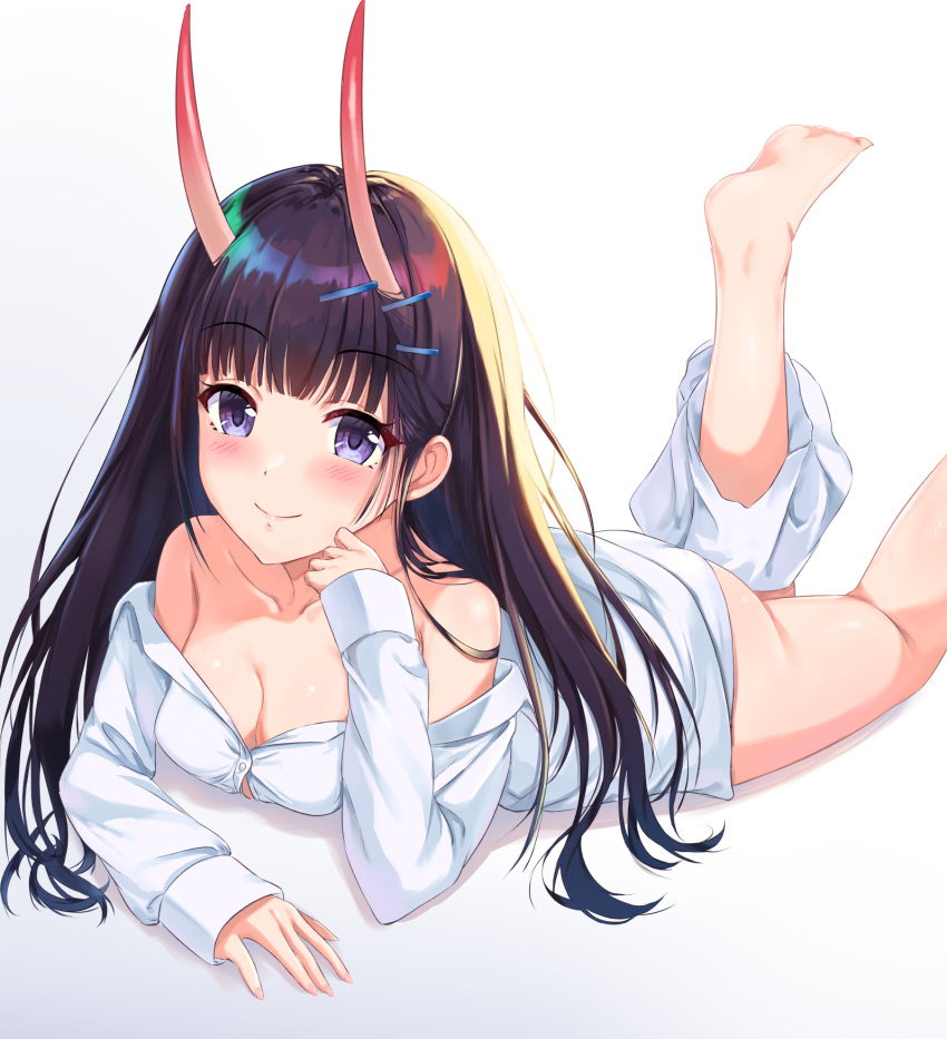 1girl ass azur_lane barefoot breasts cleavage eyebrows_visible_through_hair highres horns itaba_atsushi legs_up long_hair looking_at_viewer medium_breasts noshiro_(azur_lane) noshiro_(cozy_enclave)_(azur_lane) off_shoulder official_alternate_costume oni_horns panties purple_eyes purple_hair shirt shorts shorts_around_one_leg solo underwear white_panties white_shirt white_shorts