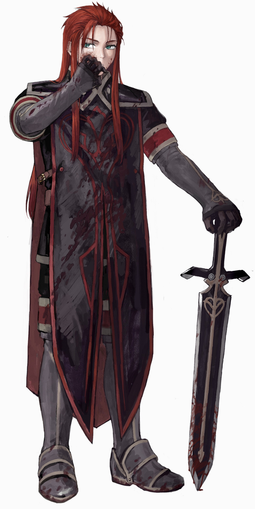1boy absurdres armored_boots asch_(tales) black_gloves blood blood_on_clothes blood_on_face blood_on_weapon blue_eyes boots full_body gloves hair_slicked_back hand_up highres holding holding_sword holding_weapon layered_sleeves long_hair long_sleeves looking_away male_focus oki_xfourty parted_lips red_hair short_over_long_sleeves short_sleeves sidelocks sideways_glance simple_background sleeves_past_wrists solo standing surcoat sword tales_of_(series) tales_of_the_abyss weapon white_background wiping_face