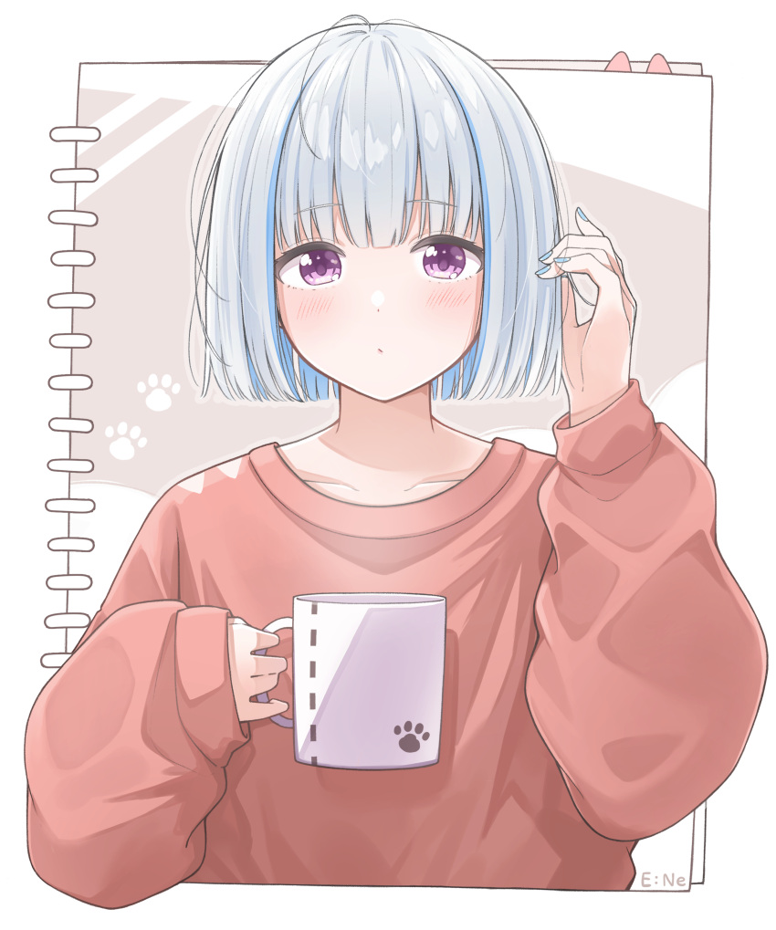 1girl absurdres alternate_hair_length alternate_hairstyle blue_hair blue_nails blush bob_cut cup ene_mizunoawa expressionless highres holding holding_cup lize_helesta looking_at_viewer mug multicolored_hair nail_polish nijisanji playing_with_own_hair purple_eyes short_hair silver_hair solo streaked_hair sweater upper_body virtual_youtuber