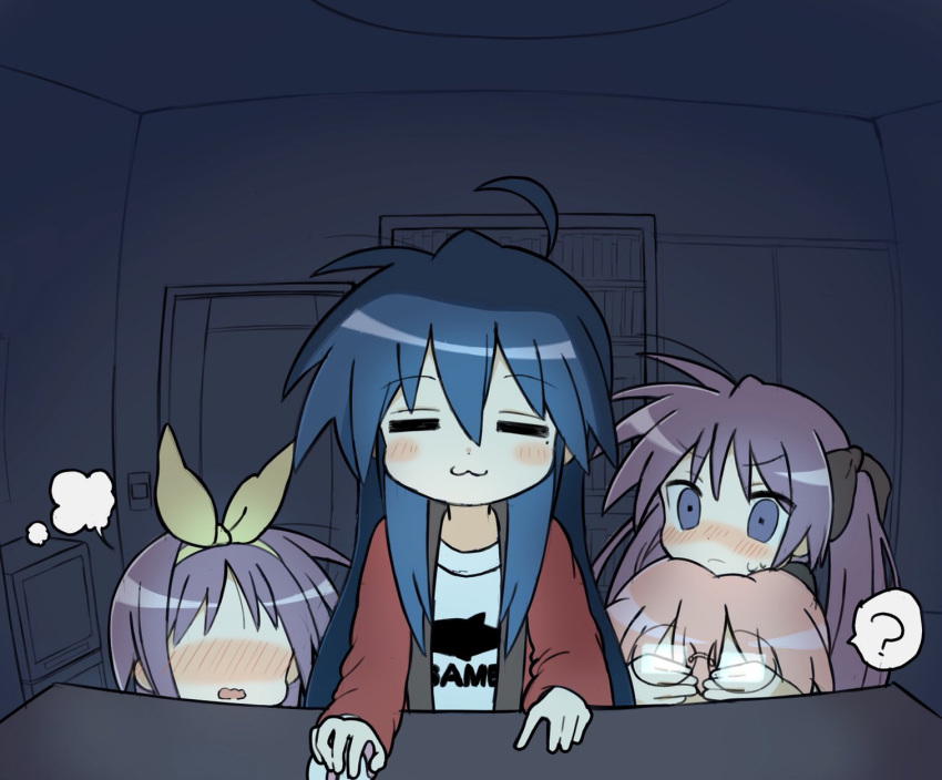 4girls :3 =3 ? blue_hair blush chair closed_mouth covering_another's_eyes desk facing_viewer full-face_blush glasses hairband highres hiiragi_kagami hiiragi_tsukasa indoors izumi_konata long_hair looking_at_viewer lucky_star mole mole_under_eye mouse_(computer) multiple_girls pink_hair purple_eyes purple_hair round_eyewear screen_light short_hair sitting speech_bubble spoken_question_mark takara_miyuki twintails yoyohachi