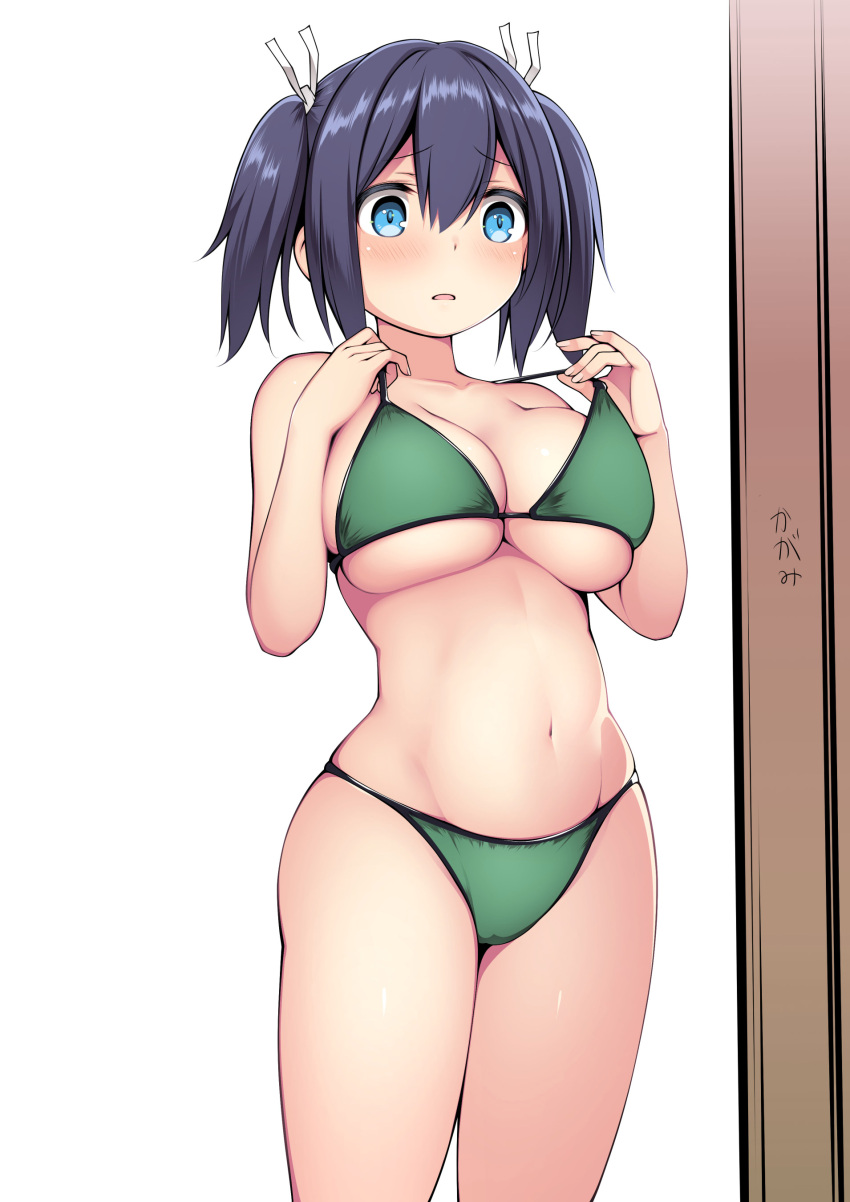 1girl absurdres bikini blue_eyes blue_hair breasts cleavage commentary_request cowboy_shot green_bikini hair_ribbon highres kantai_collection kuromayu large_breasts looking_at_mirror mirror navel plump ribbon simple_background solo souryuu_(kancolle) surprised swimsuit twintails underboob white_background