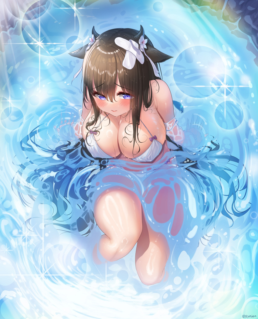 1girl absurdres animal_ears azur_lane bandaid bandaid_on_head bikini breasts brown_hair cow_ears cow_girl cow_horns cow_tail criss-cross_halter crossed_bandaids elsynien eyebrows_visible_through_hair flower from_above hair_flower hair_ornament halterneck highres horns kashino_(azur_lane) kashino_(hot_springs_relaxation)_(azur_lane) large_breasts long_hair looking_at_viewer looking_up multi-strapped_bikini official_alternate_costume purple_eyes solo swimsuit tail very_long_hair water white_bikini white_flower