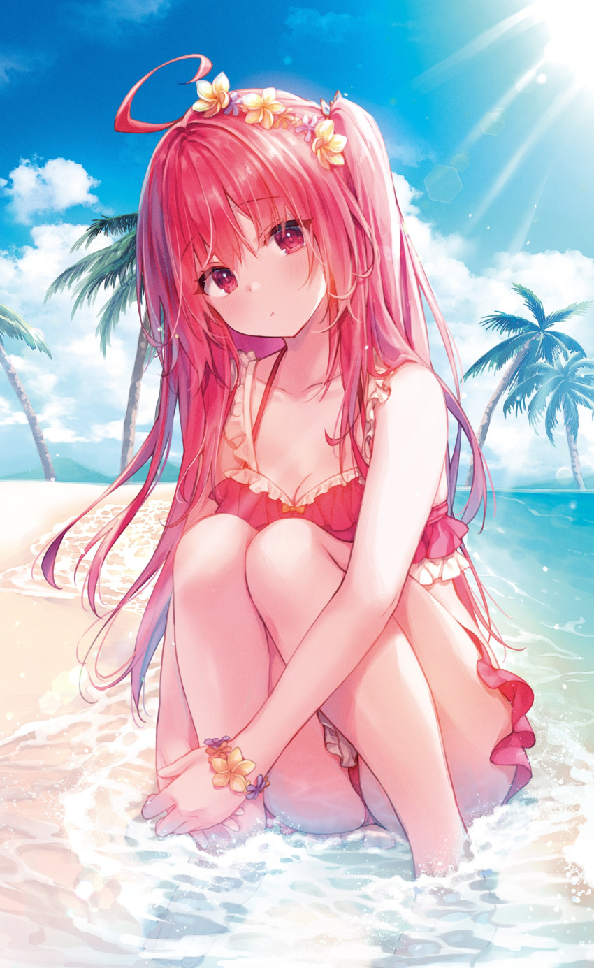 1girl absurdres ahoge ass bangs beach bikini bikini_skirt blue_sky bracelet breasts cleavage closed_mouth cloud commentary_request day eyebrows_visible_through_hair flower frilled_bikini frills hair_flower hair_ornament head_tilt highres jewelry kino_(kino_konomi) liar_liar long_hair looking_at_viewer mountainous_horizon ocean outdoors palm_tree partially_submerged red_bikini red_eyes red_hair second-party_source sky small_breasts solo squatting sun swimsuit tree