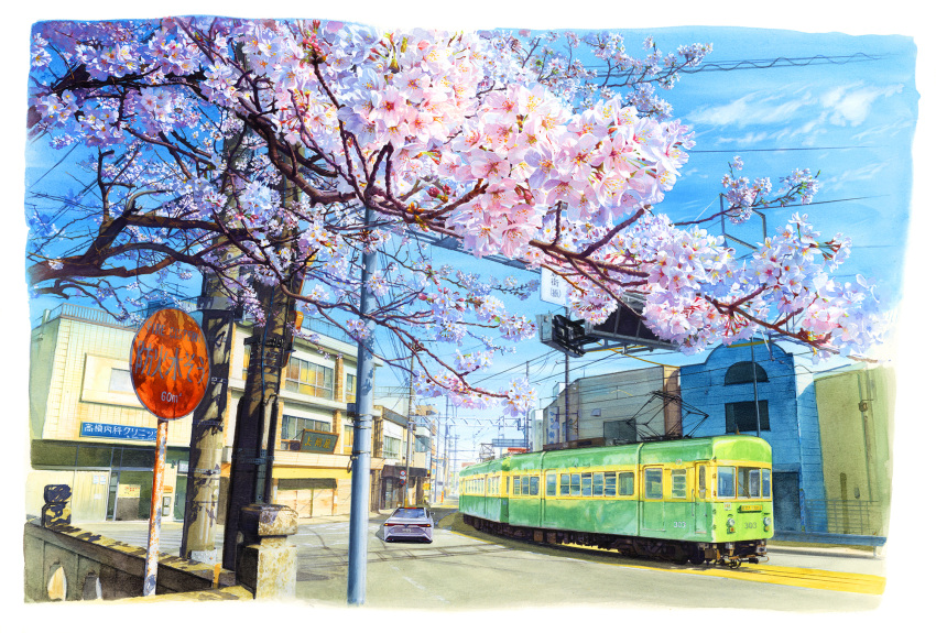building cable car cherry_blossoms cityscape cloud commentary_request day flower ground_vehicle highres kanji katakana motor_vehicle no_humans original plant power_lines railroad_tracks road road_sign scenery shade shonan211 sign sky sunlight town tree utility_pole