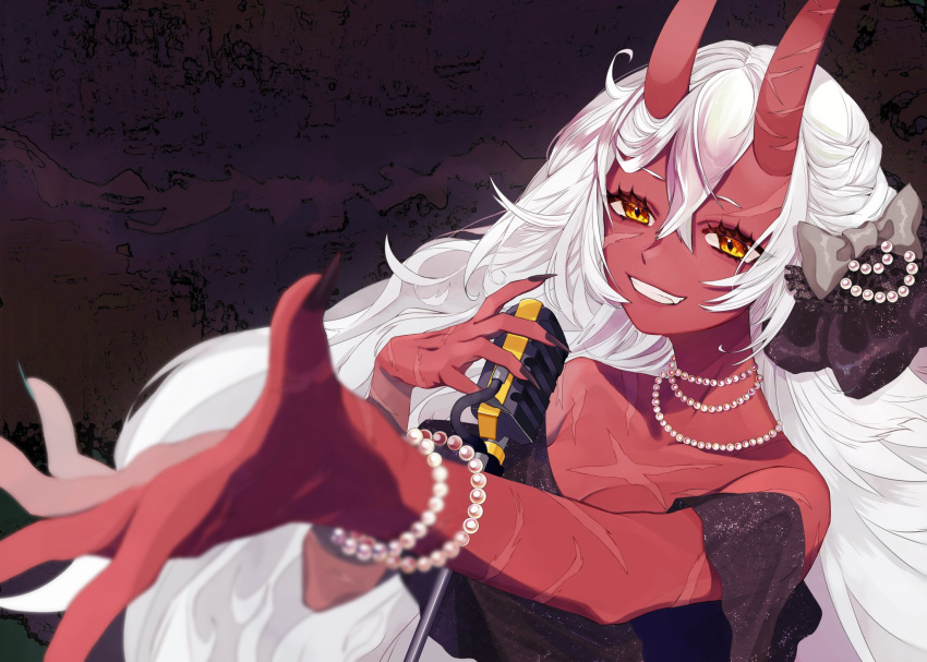 1girl akumi_(yoclesh) bracelet commentary_request fang hair_between_eyes happy highres horns jewelry koe_01_03 long_hair microphone_stand necklace oni oni_horns orange_eyes pearl_bracelet pearl_necklace red_horns scar scar_on_arm scar_on_cheek scar_on_chest scar_on_face scar_on_hand smile teeth vguyen virtual_youtuber white_hair