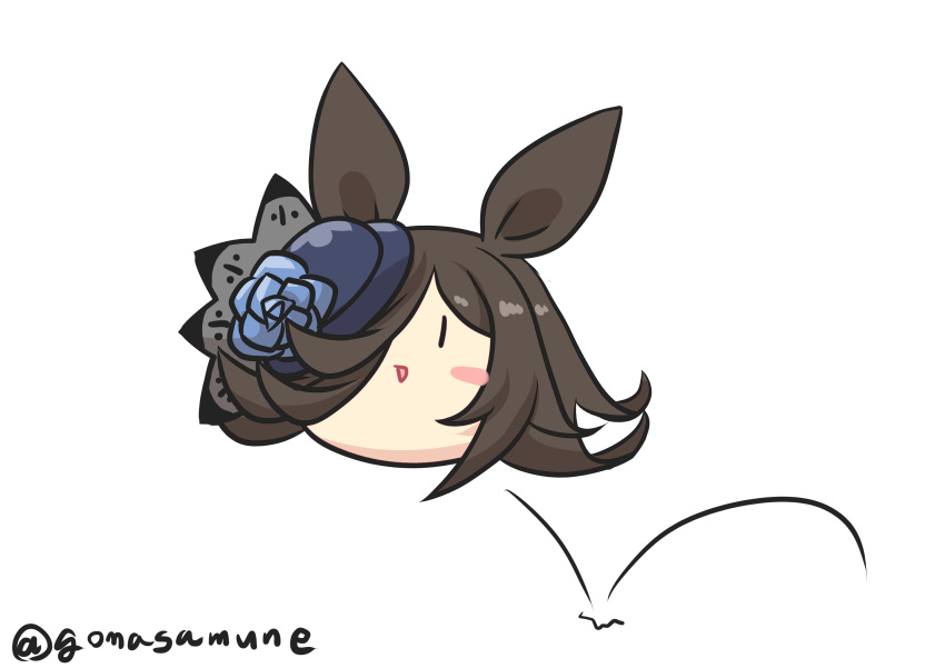 1girl ^^^ absurdres animal_ears bangs black_hair blue_flower blue_headwear blue_rose blush_stickers commentary_request flower goma_(gomasamune) hair_over_one_eye hat hat_flower highres horse_ears long_hair parted_lips rice_shower_(umamusume) rose simple_background smile solo speed_lines tilted_headwear twitter_username umamusume white_background yukkuri_shiteitte_ne |_|