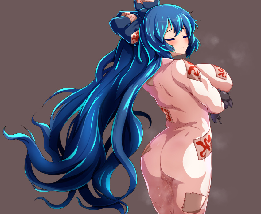 1girl :o ass blue_eyes blue_hair breasts closed_eyes closed_mouth covered_nipples debt dress from_behind grey_dress highres huge_breasts long_dress long_hair long_sleeves looking_at_viewer ofuda ofuda_on_clothes patches peso_(cheese_company) pussy_juice pussy_juice_drip_through_clothes steaming_body stuffed_animal stuffed_cat stuffed_toy surprised touhou touhou_gouyoku_ibun very_long_hair yorigami_shion