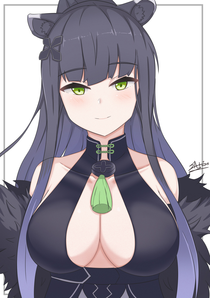 1girl absurdres animal_ear_fluff animal_ears bangs bare_shoulders black_dress black_hair blue_archive blush breasts cleavage closed_mouth collarbone commentary_request covered_collarbone dress eyebrows_visible_through_hair fur_trim green_eyes high_ponytail highres medium_breasts ponytail sato_art shun_(blue_archive) signature smile solo upper_body white_background