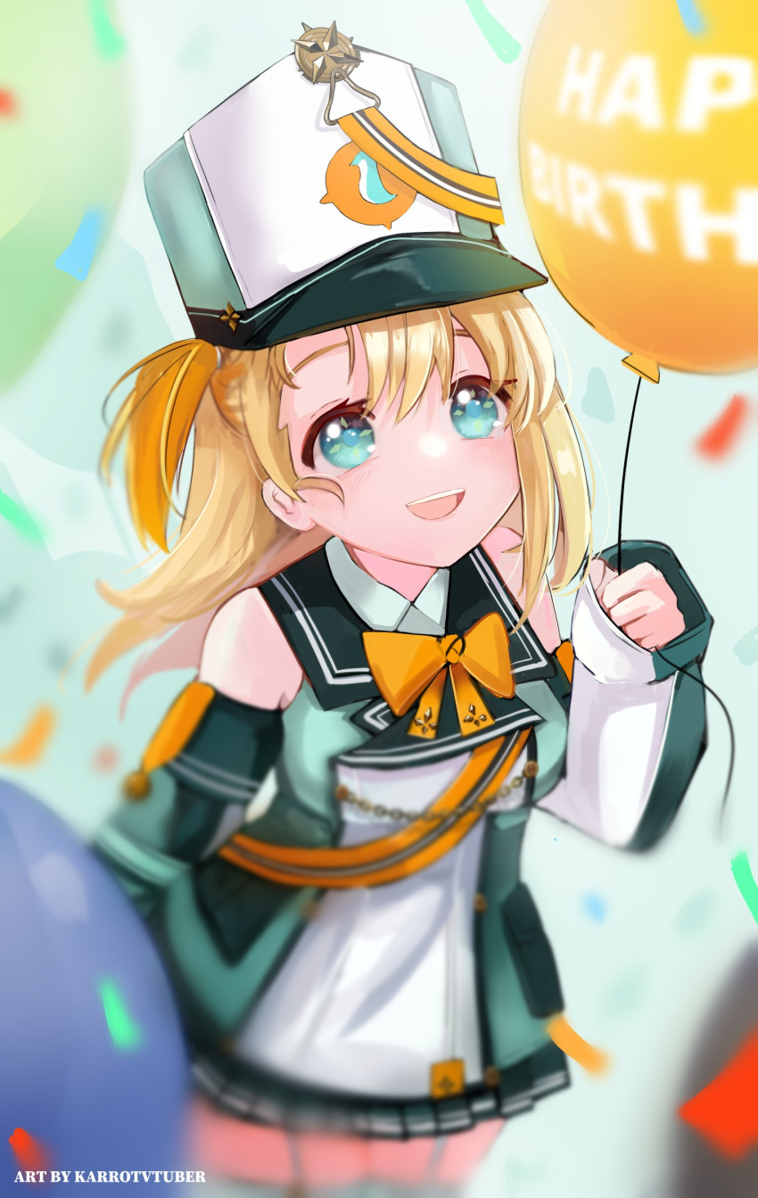 1girl absurdres aqua_eyes balloon band_uniform birthday blonde_hair detached_sleeves garter_straps hat highres karrotvtuber long_hair medal multicolored_hair one_side_up orange_hair pengin_pina prism_project sash shako_cap smile solo thighhighs two-tone_hair virtual_youtuber