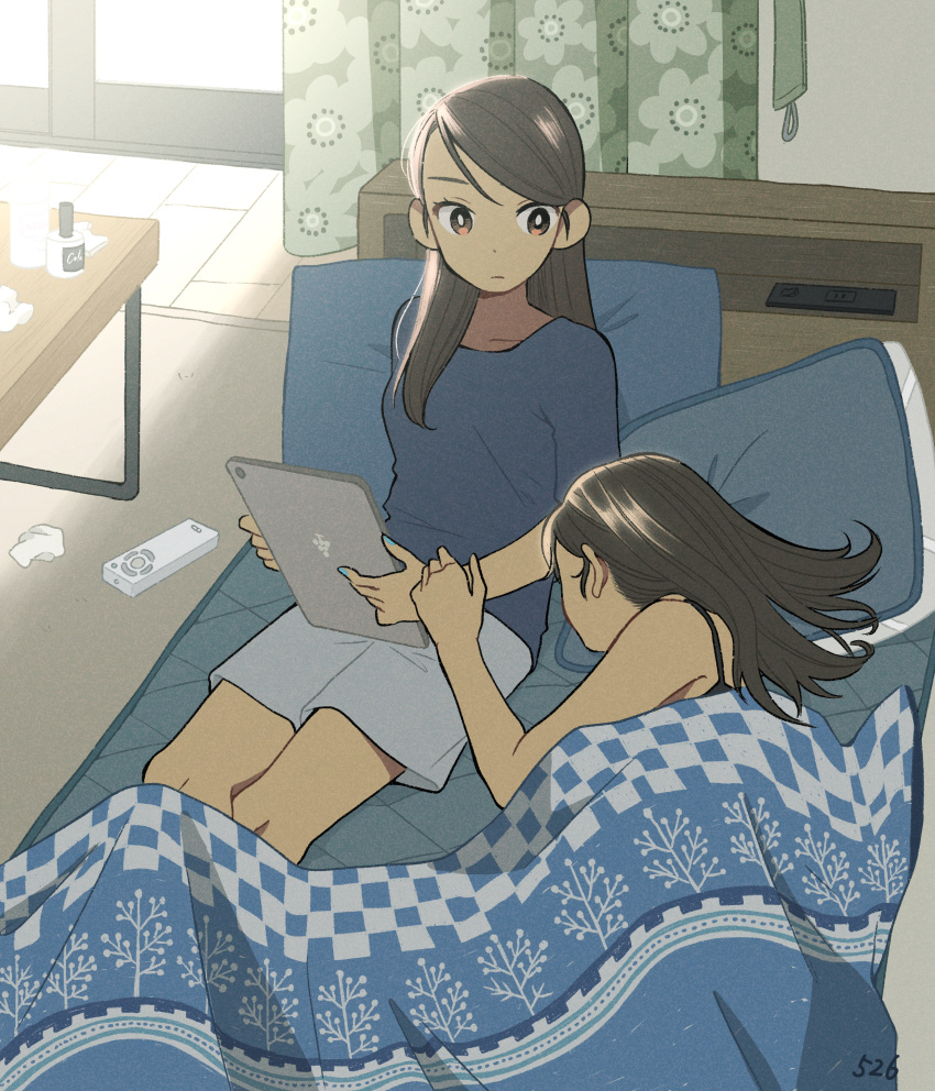 2girls absurdres artist_name blue_nails brown_eyes brown_hair controller hand_on_another's_arm hidden_face highres holding holding_tablet_pc indoors kojiro337 long_hair looking_at_another lying multiple_girls nail_polish noise on_bed original remote_control shirt shorts sitting sunlight t-shirt tablet_pc under_covers yuri