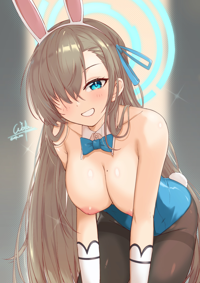 1girl absurdres animal_ears asuna_(blue_archive) blue_archive blue_bow blue_bowtie blue_leotard bow bowtie breasts breasts_outside brown_legwear detached_collar fake_animal_ears gloves hair_over_one_eye halo highres large_breasts leaning_forward leotard light_brown_hair mole mole_on_breast nipples pantyhose playboy_bunny rabbit_ears solo strapless strapless_leotard thighband_pantyhose wata_neo white_gloves