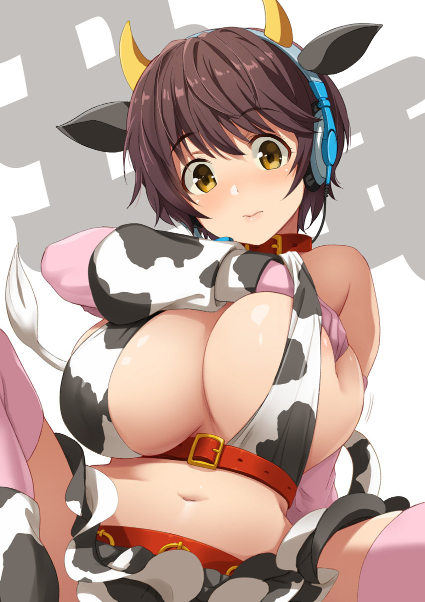 1girl animal_ears animal_print bangs bare_shoulders blush breasts brown_eyes brown_hair cleavage collar cow_ears cow_horns cow_print elbow_gloves fake_animal_ears gloves halter_top halterneck headset highres horns idolmaster idolmaster_cinderella_girls inue_shinsuke large_breasts looking_at_viewer navel oikawa_shizuku pink_gloves pink_legwear short_hair thighhighs