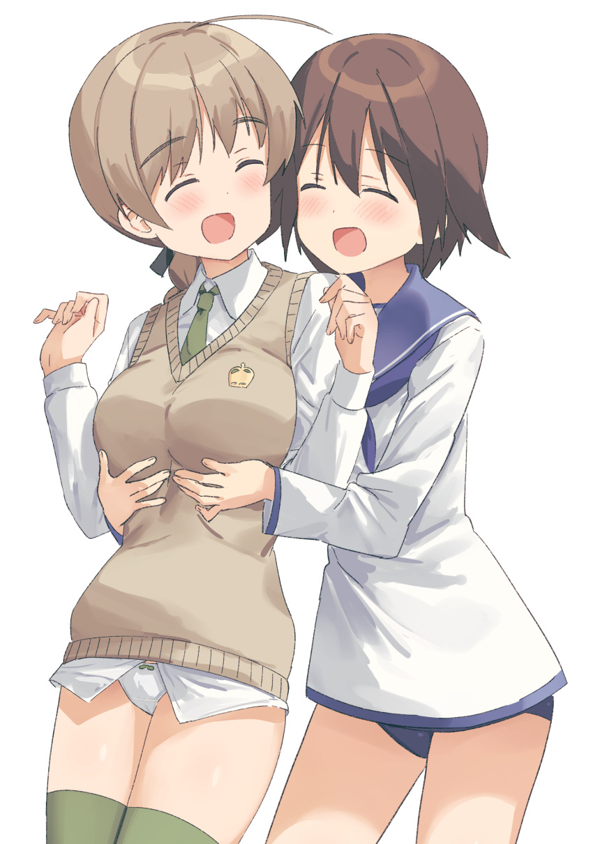 2girls ahoge blue_neckerchief blue_sailor_collar braid brown_hair closed_eyes cowboy_shot dress_shirt green_legwear highres hug hug_from_behind light_brown_hair long_sleeves lynette_bishop mejina miyafuji_yoshika multiple_girls neckerchief panties sailor_collar sailor_shirt school_swimsuit shirt simple_background single_braid smile strike_witches sweater_vest swimsuit swimsuit_under_clothes thighhighs underwear white_background white_panties white_shirt world_witches_series yuri